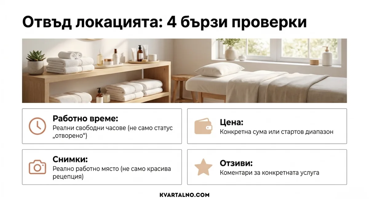 Инфографика с четири бързи проверки отвъд локацията при избор на козметик наблизо