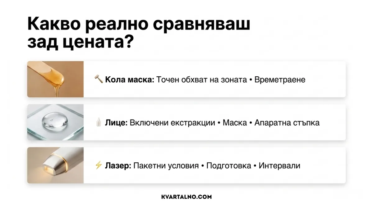 Инфографика как да сравнявате реално цени за кола маска, процедури за лице и лазерна епилация