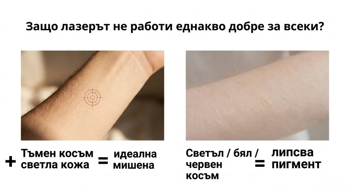 Инфографика защо лазерната епилация работи различно според цвета на косъма и кожата