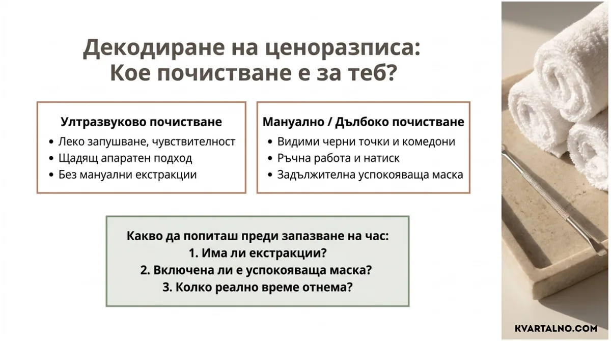 Инфографика за разликата между ултразвуково, мануално и дълбоко почистване на лице