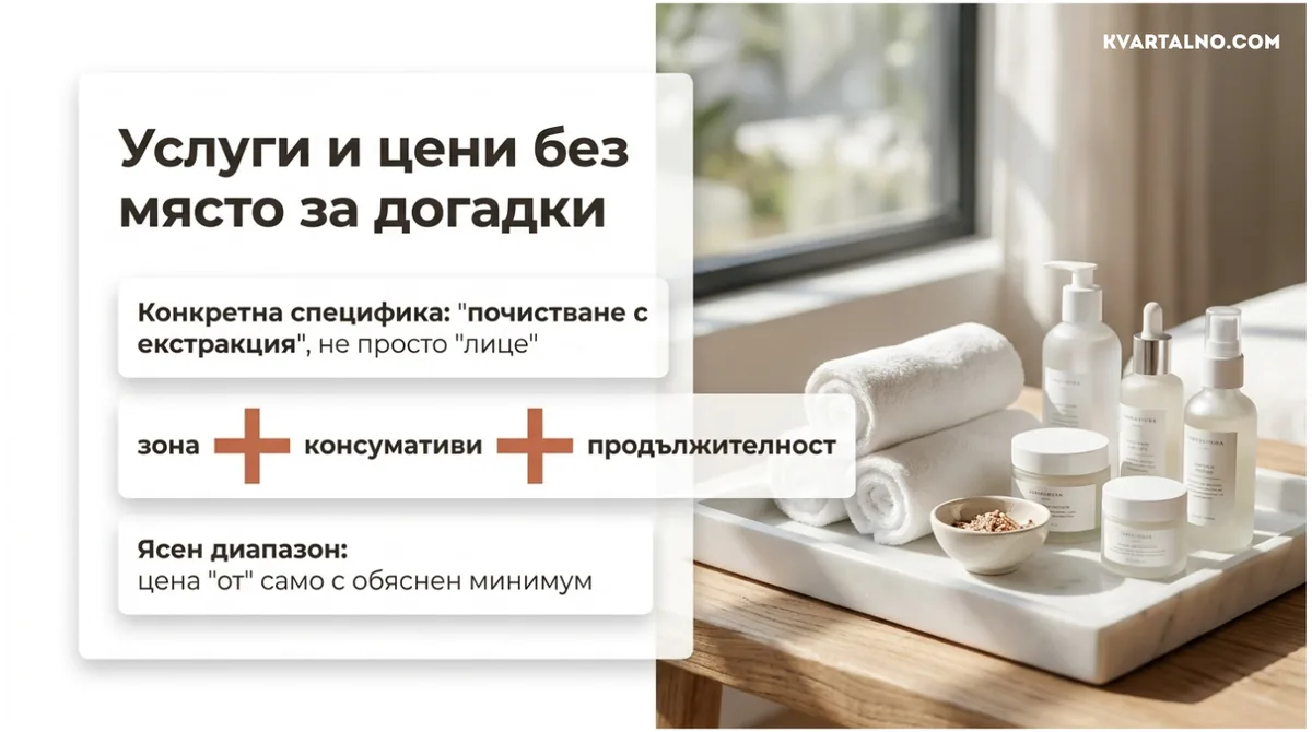 Инфографика за ясни услуги, цени, зона, консумативи и продължителност в профил на козметичен салон